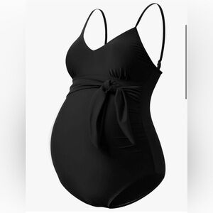 Black Maternity One-Piece Swimsuit with Waist Tie